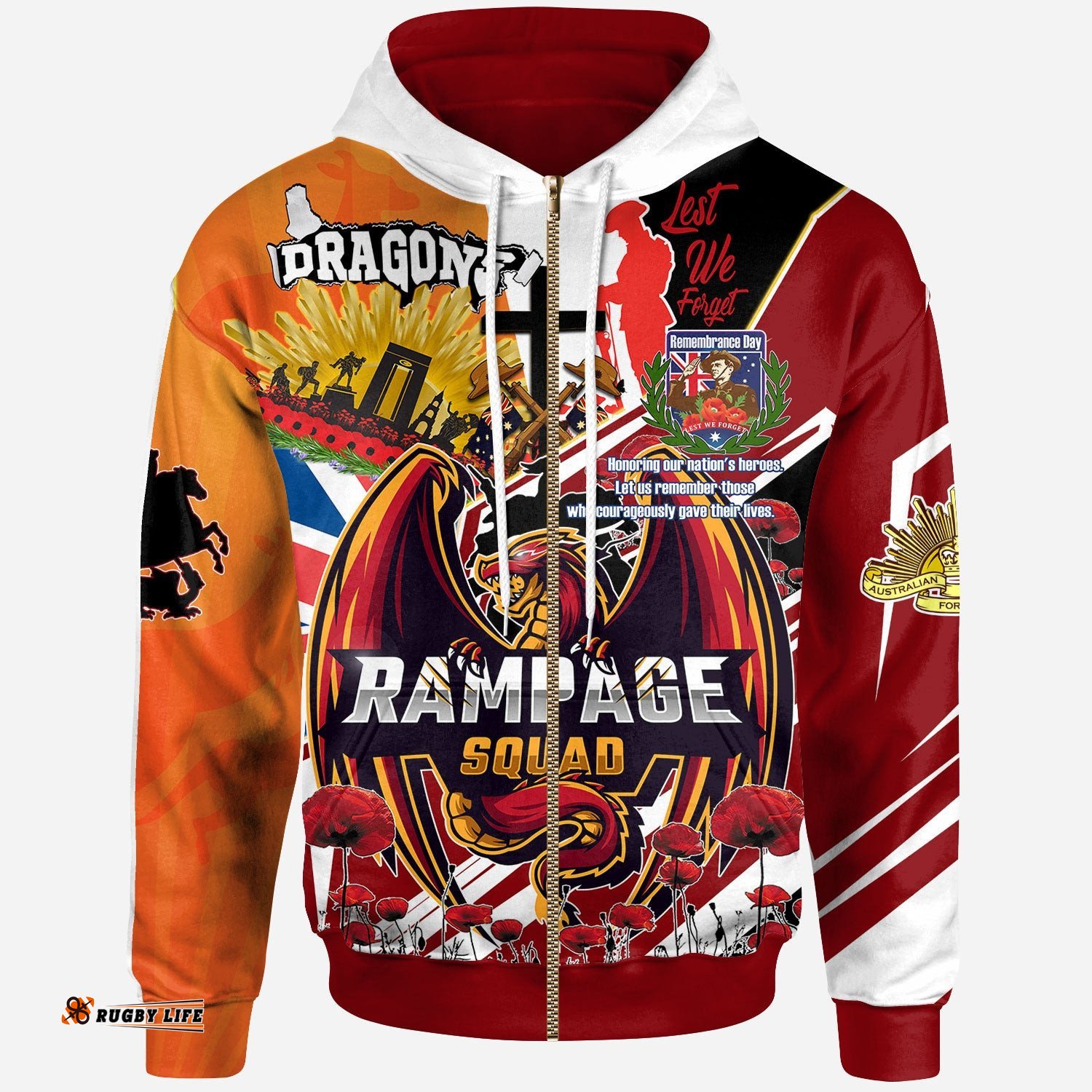 st george rugby hoodie custom remembrance dragons anzac quote with poppy and rosemary hoodie