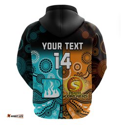 custom text and number perth scorchers and brisbane heat cricket hoodie aboriginal art