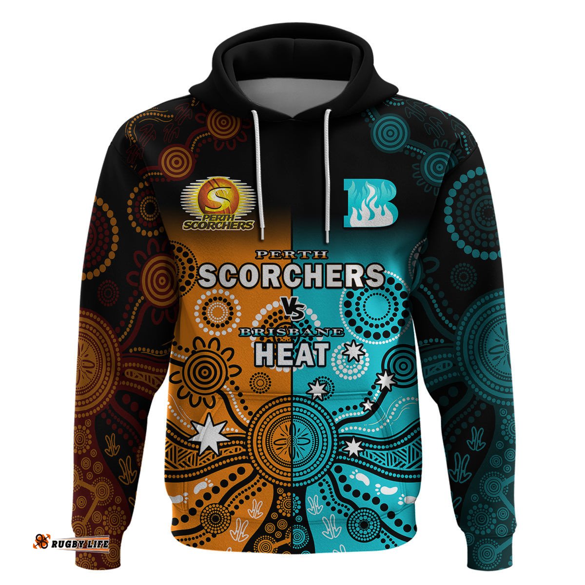 custom text and number perth scorchers and brisbane heat cricket hoodie aboriginal art
