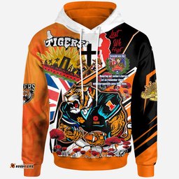 tigers rugby hoodie custom remembrance tigers anzac quote with poppy and rosemary hoodie