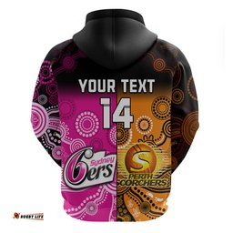 custom text and number perth scorchers and sydney sixers cricket hoodie aboriginal art