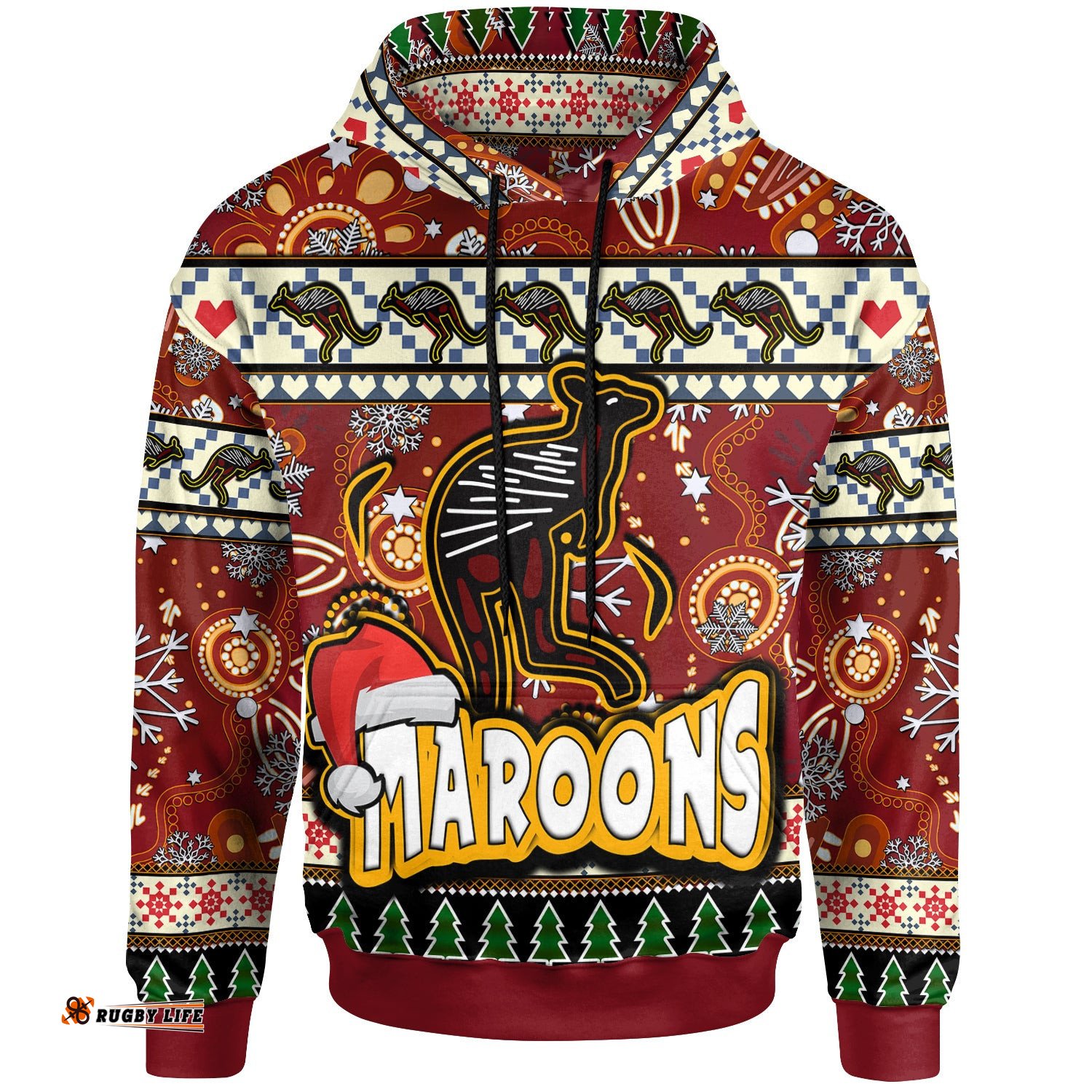 maroons rugby christmas hoodie custom xmas maroons christmas balls snowflake with aboriginal patterns hoodie