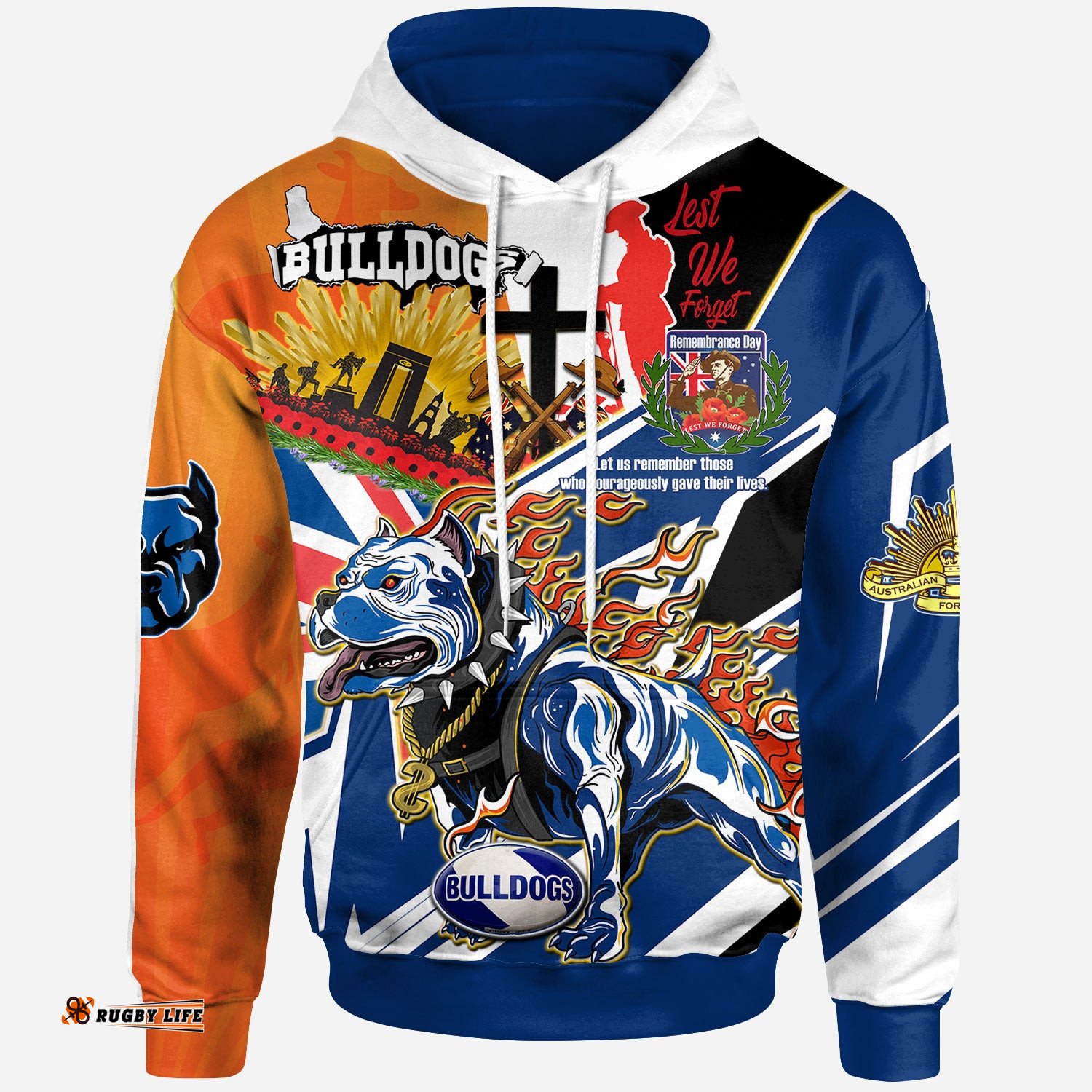 bulldogs rugby hoodie custom remembrance bulldogs anzac quote with poppy and rosemary hoodie