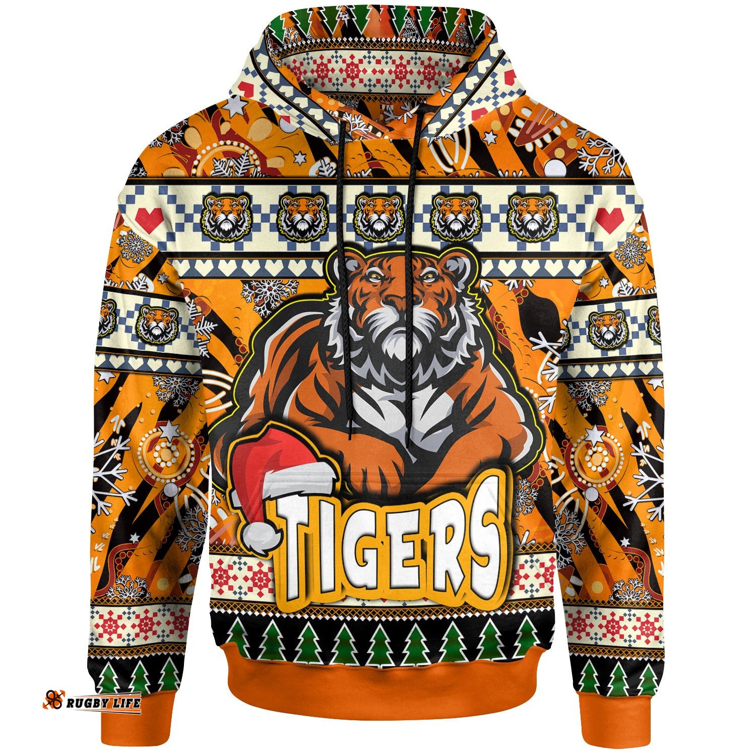 tigers rugby christmas hoodie custom xmas tigers christmas balls snowflake with aboriginal patterns hoodie