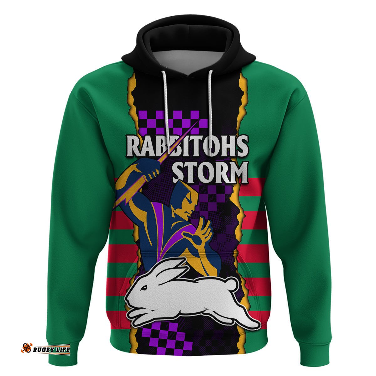 custom text and number nrl combine rabbitohs and storm hoodie