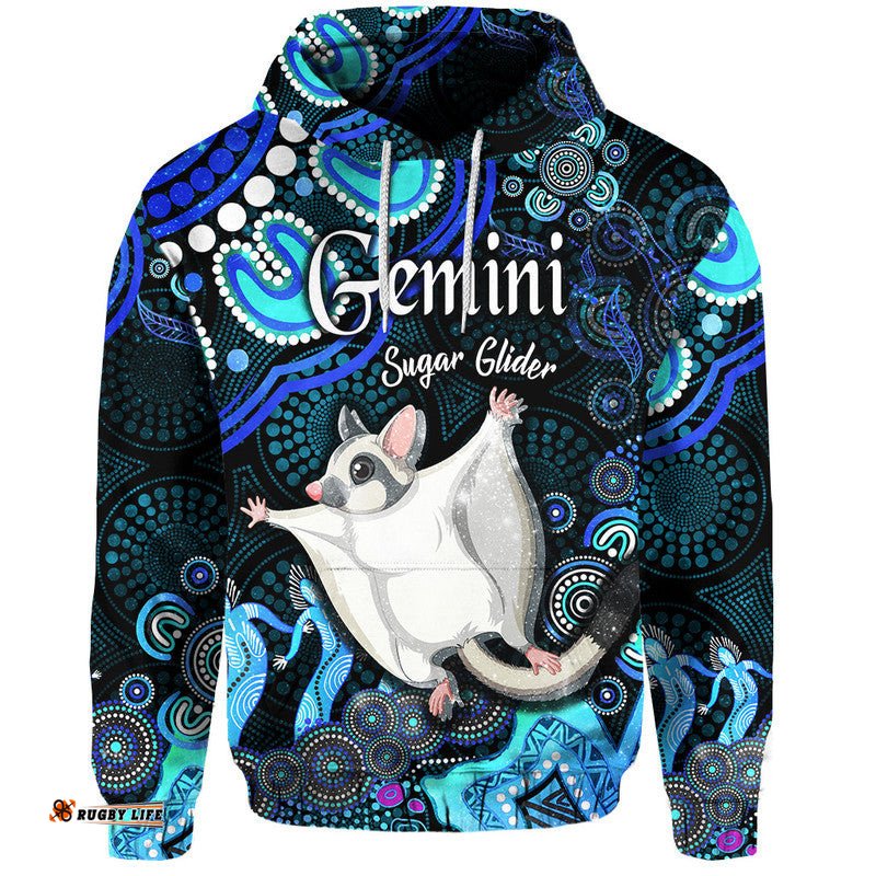 custom personalised australian astrology zip up and pullover hoodie gemini sugar glider zodiac aboriginal vibes blue