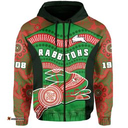custom text and number rabbitohs rugby hoodie souths 1908 aboriginal dot painting go bunnies