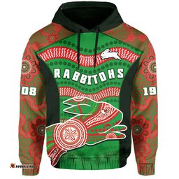 custom text and number rabbitohs rugby hoodie souths 1908 aboriginal dot painting go bunnies