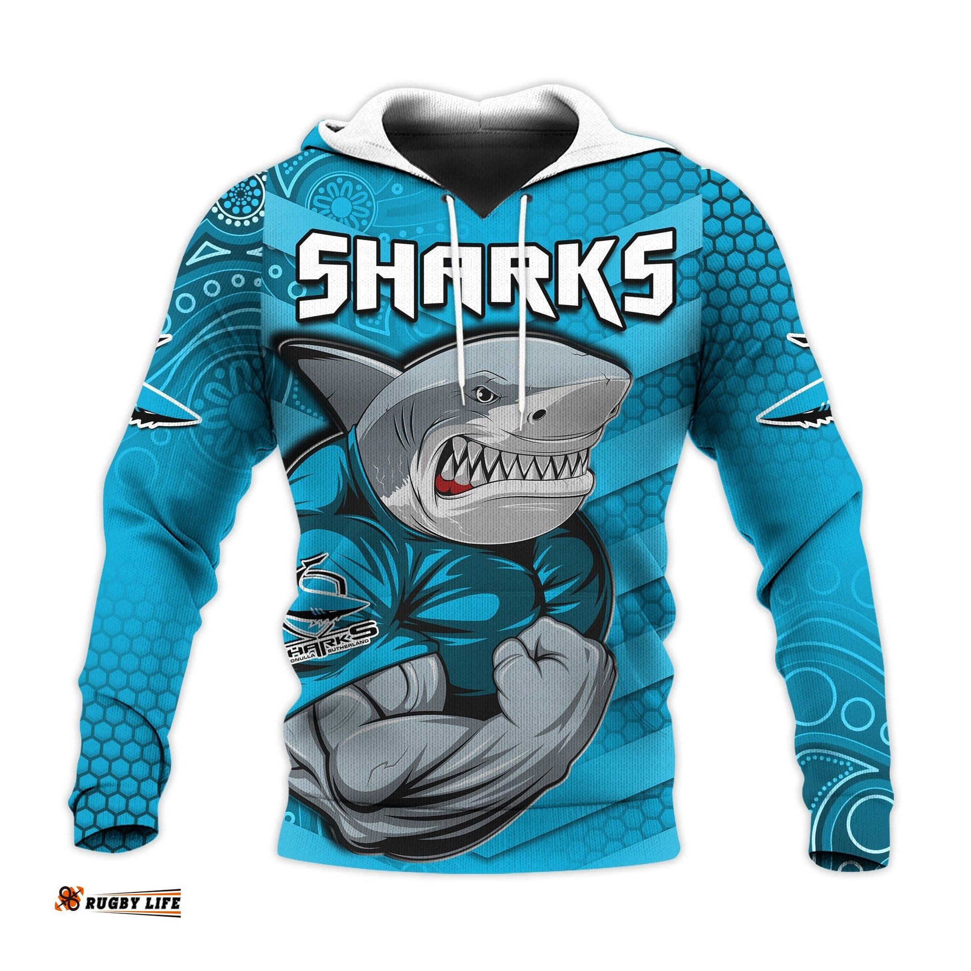 custom text and number sharks rugby hoodie go sharkies aboriginal sporty version