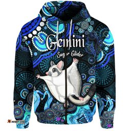 australian astrology zip up and pullover hoodie gemini sugar glider zodiac aboriginal vibes blue