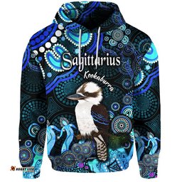 custom personalised australian astrology zip up and pullover hoodie sagittarius kookaburra zodiac aboriginal vibes blue