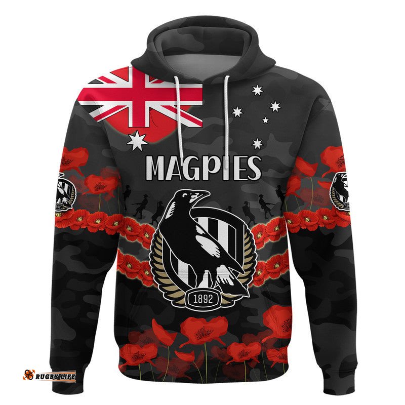 custom personalised magpies football anzac zip up and pullover hoodie lest we forget