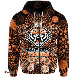 custom personalised wests tigers rugby zip up and pullover hoodie boomerang indigenous dots