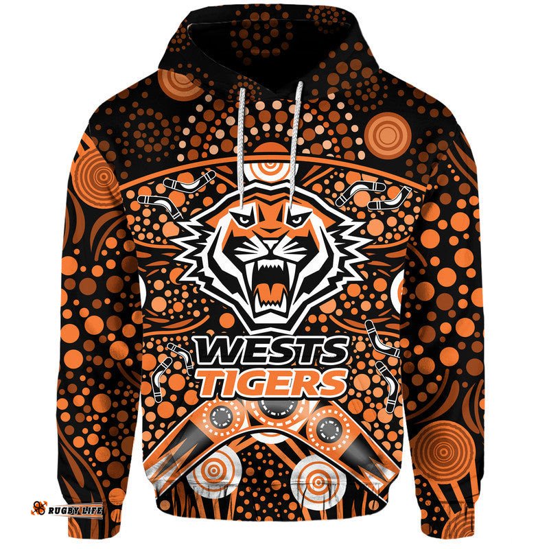 custom personalised wests tigers rugby zip up and pullover hoodie boomerang indigenous dots