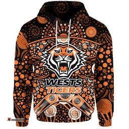 custom personalised wests tigers rugby zip up and pullover hoodie boomerang indigenous dots