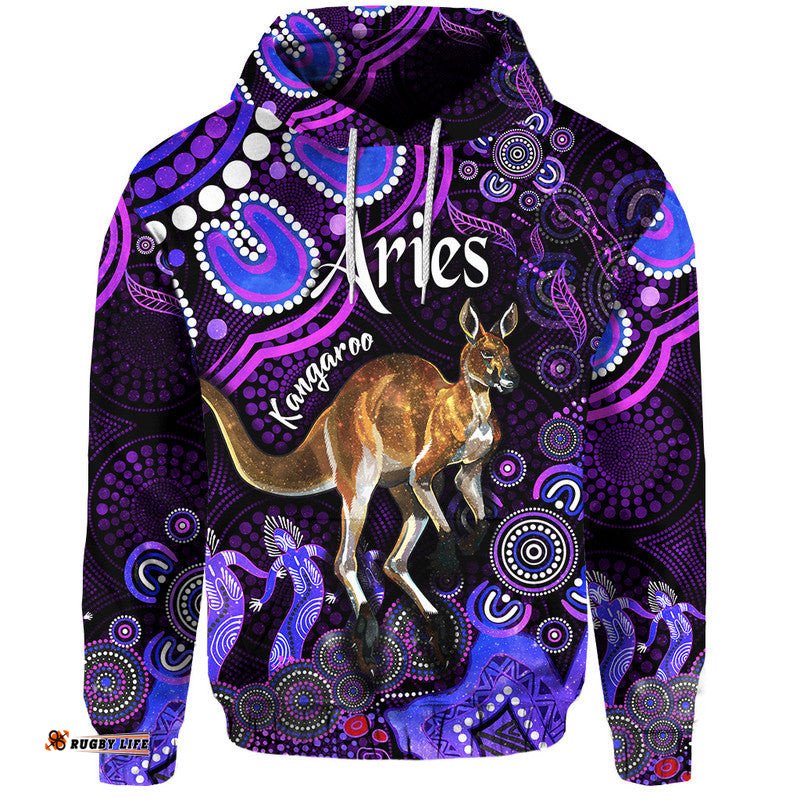 custom personalised australian astrology zip up and pullover hoodie aries kangaroo zodiac aboriginal vibes purple