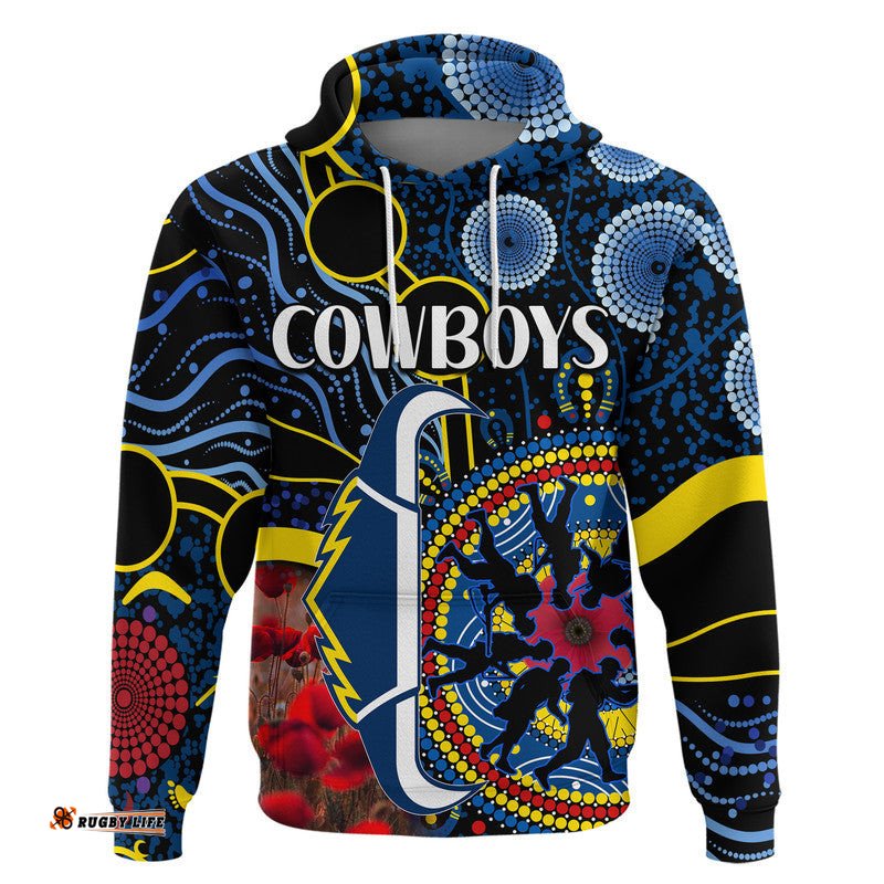 custom personalised cowboys rugby anzac zip up and pullover hoodie aboriginal military and poppy flowers
