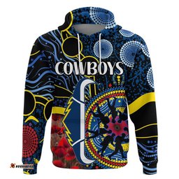 custom personalised cowboys rugby anzac zip up and pullover hoodie aboriginal military and poppy flowers