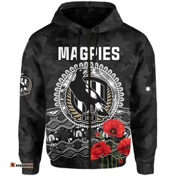 custom text and number magpies football anzac day hoodie speical poppy mix aboriginal