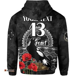 custom text and number magpies football anzac day hoodie speical poppy mix aboriginal