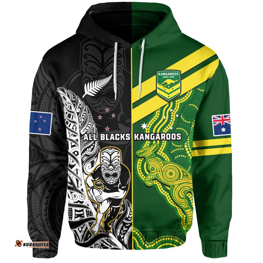 custom personalised australia kangaroos and all black rugby hoodie aboriginal mix nz maori fern