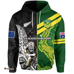 custom personalised australia kangaroos and all black rugby hoodie aboriginal mix nz maori fern