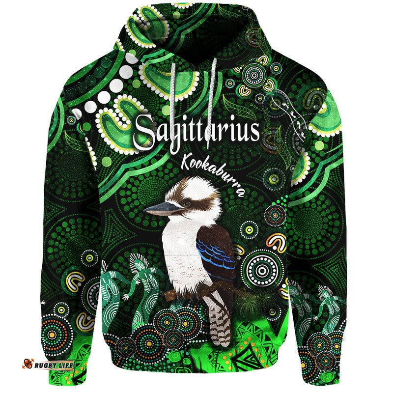 custom personalised australian astrology zip up and pullover hoodie sagittarius kookaburra zodiac aboriginal vibes green