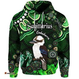 custom personalised australian astrology zip up and pullover hoodie sagittarius kookaburra zodiac aboriginal vibes green