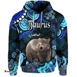 custom personalised australian astrology zip up and pullover hoodie taurus wombat zodiac aboriginal vibes blue