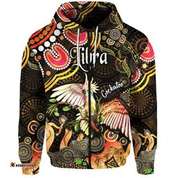 custom personalised australian astrology zip up and pullover hoodie libra cockatoo glider zodiac aboriginal vibes gold