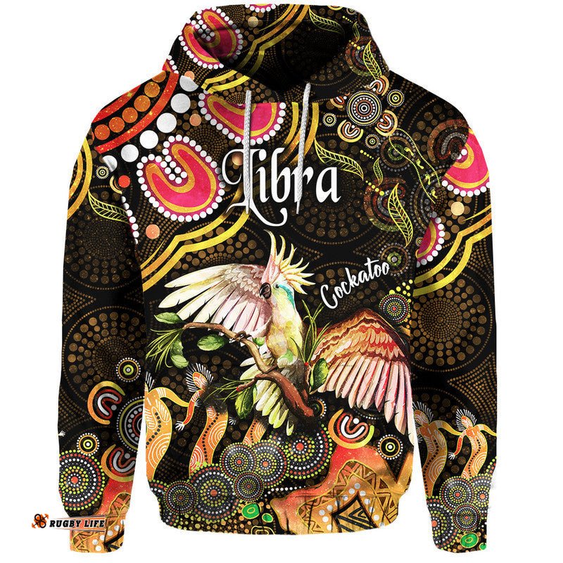 custom personalised australian astrology zip up and pullover hoodie libra cockatoo glider zodiac aboriginal vibes gold