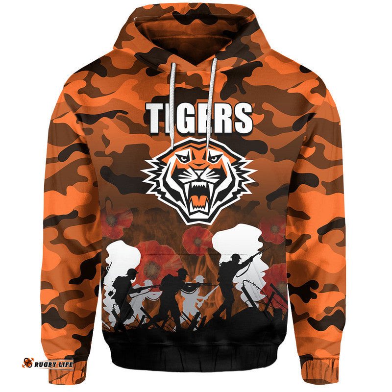custom personalised nrl anzac day hoodie tigers army style