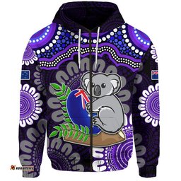 custom personalised australia koala aboriginal zip up and pullover hoodie koala hugging rugby ball purple