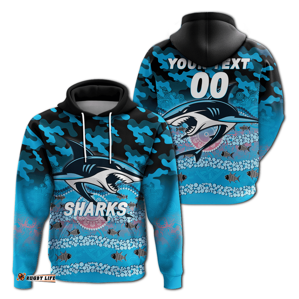 custom personalised sharks rugby anzac day camouflage indigenous art hoodie