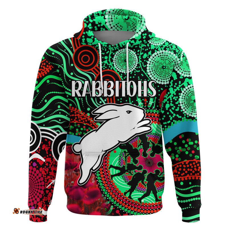 rabbitohs rugby anzac zip up and pullover hoodie aboriginal military and poppy flowers