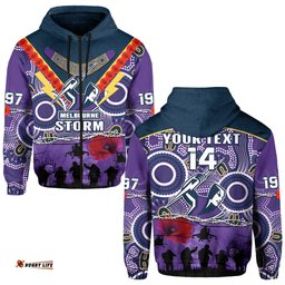 custom text and number melbourne storm rugby anzac hoodie indigenous poppy australian army