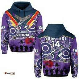 custom text and number melbourne storm rugby anzac hoodie indigenous poppy australian army