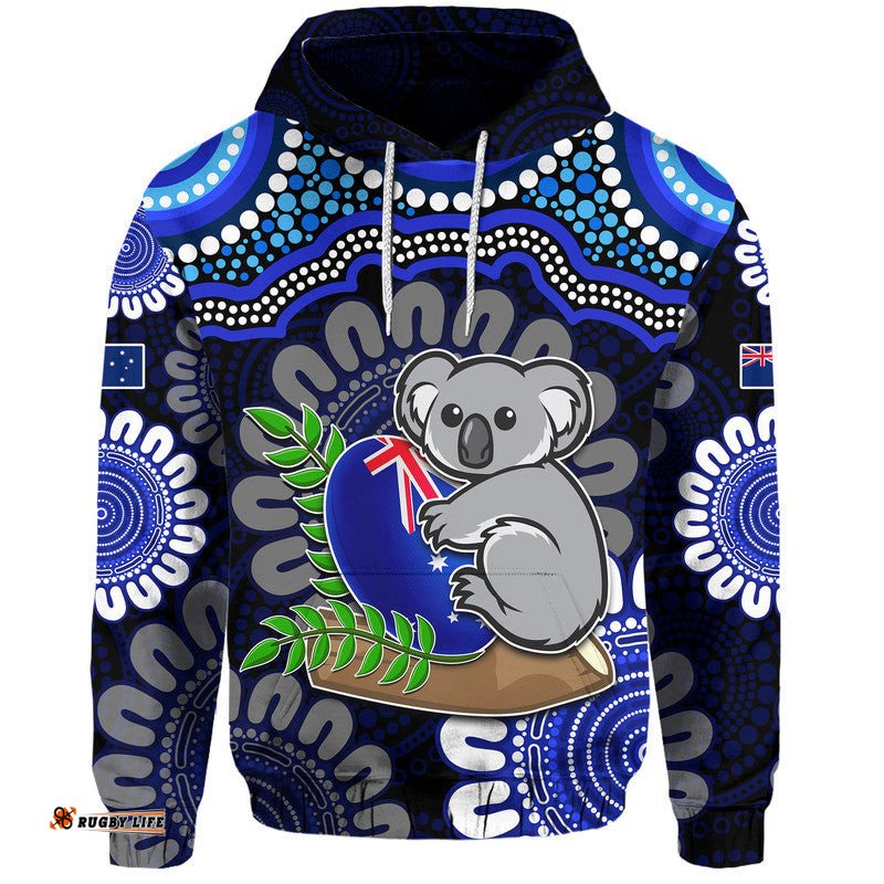 australia koala aboriginal zip up and pullover hoodie koala hugging rugby ball blue