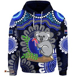 australia koala aboriginal zip up and pullover hoodie koala hugging rugby ball blue