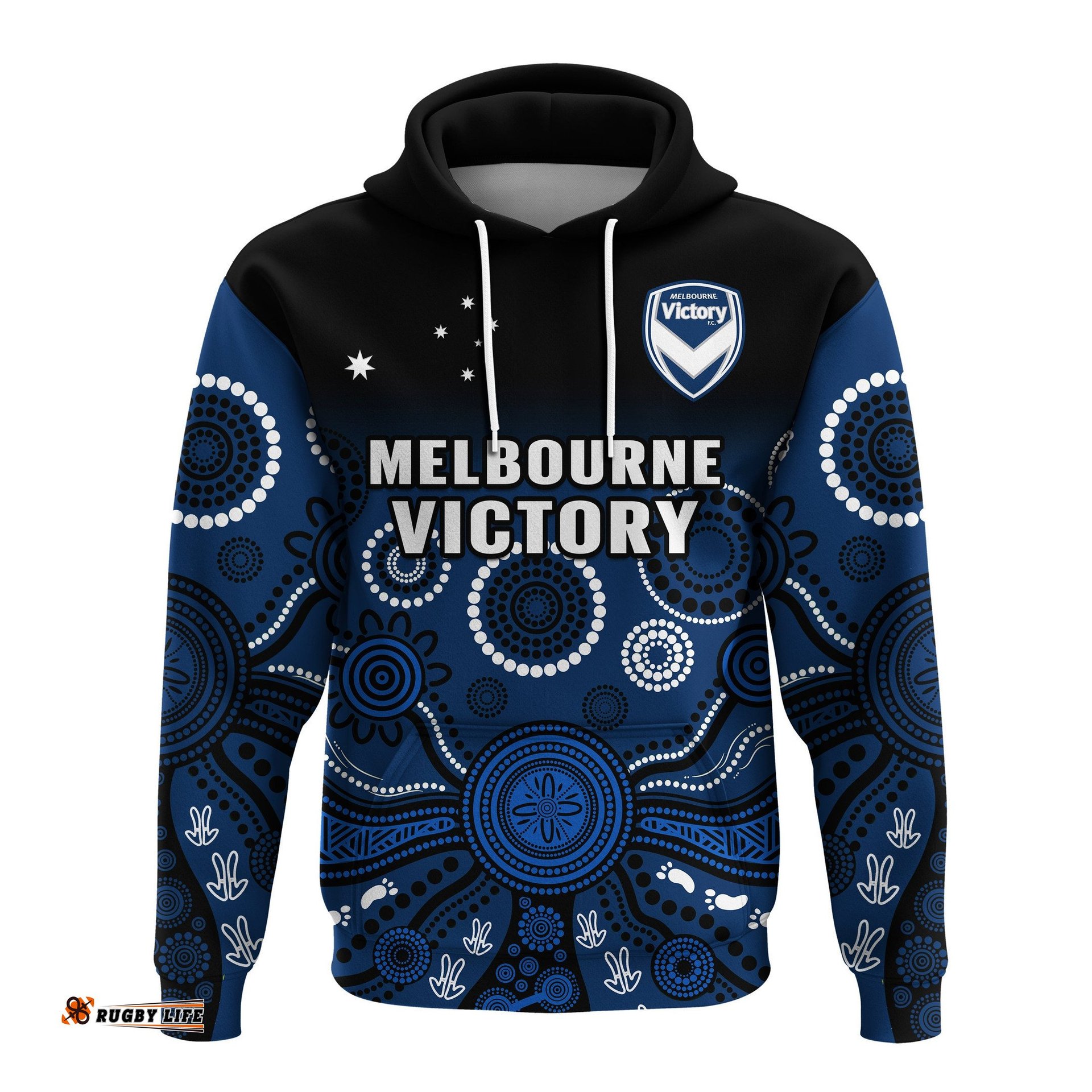 custom text and number melbourne victory football hoodie aboriginal art