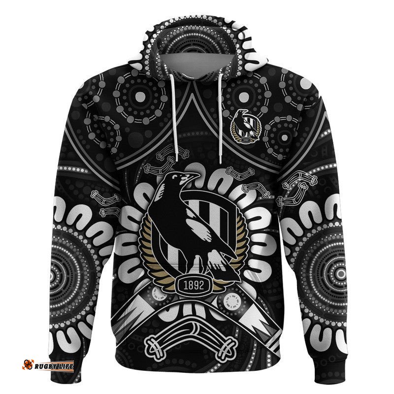 custom personalised magpies football zip up and pullover hoodie boomerang indigenous dots