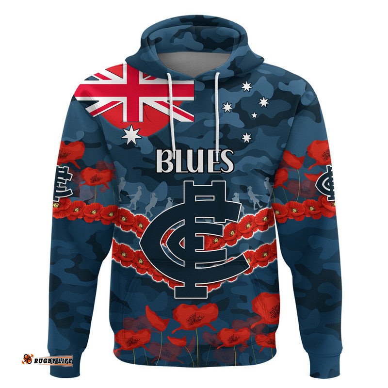 custom personalised blues football anzac zip up and pullover hoodie lest we forget