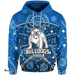 custom personalised bulldogs rugby zip up and pullover hoodie boomerang indigenous dots