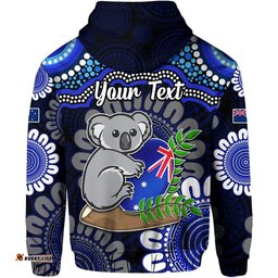 custom personalised australia koala aboriginal zip up and pullover hoodie koala hugging rugby ball blue