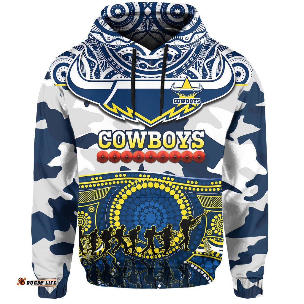 custom text and number cowboys rugby anzac hoodie indigenous poppy mix camouflage