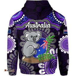 australia koala aboriginal zip up and pullover hoodie koala hugging rugby ball purple