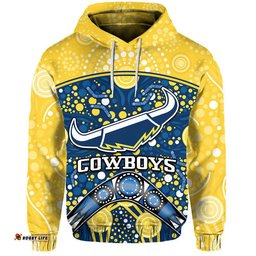 custom personalised cowboys rugby zip up and pullover hoodie boomerang indigenous dots