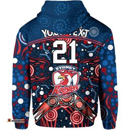 custom personalised roosters rugby zip up and pullover hoodie boomerang indigenous dots