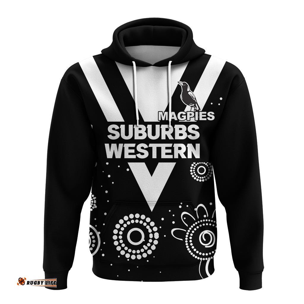 western suburbs magpies hoodie indigenous dot painting art