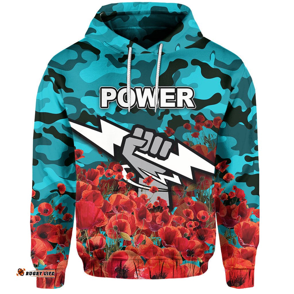 anzac day port adelaide hoodie poppy flowers with army patterns